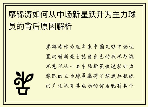 廖锦涛如何从中场新星跃升为主力球员的背后原因解析
